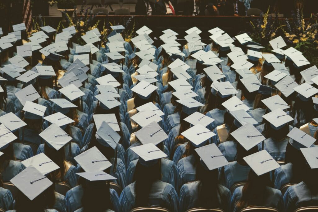 blue and white academic hat